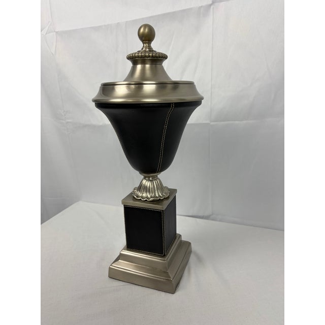 Neoclassical Late 20th Century Neoclassical Style Leather-Wrapped Decorative Urn With Nickel Finial For Sale - Image 3 of 8