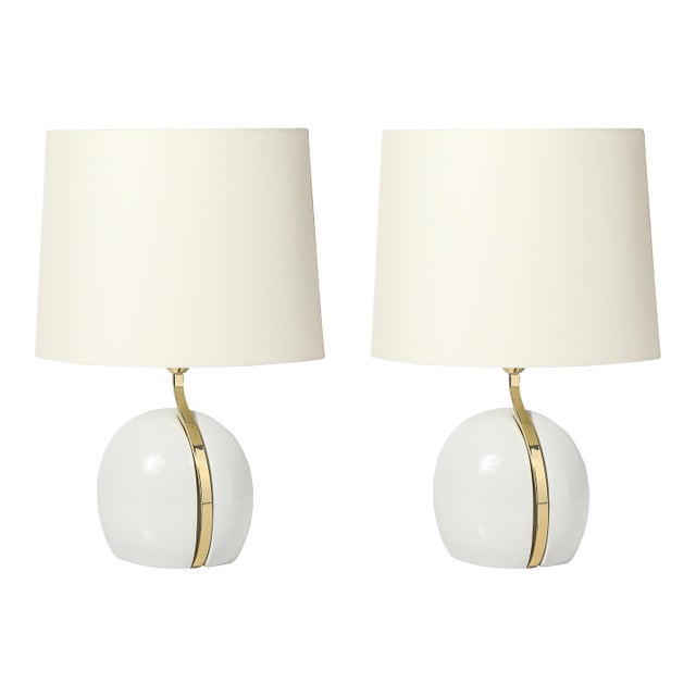 Mid-Century White Ceramic & Polished Brass Sculptural Table Lamps by Lumi Murano For Sale