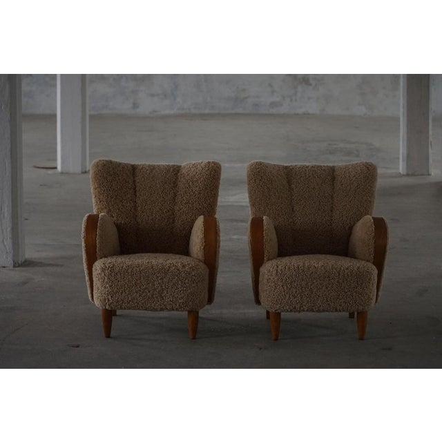 Danish Modern Art Deco Lounge Chairs in Shearling Lambswool & Elm, 1940s, Set of 2 For Sale - Image 6 of 18