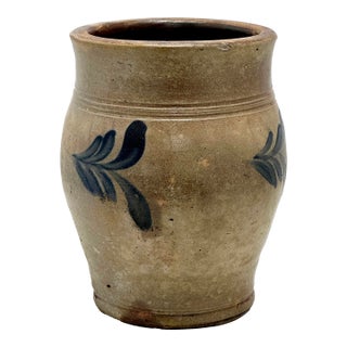Rare Very Small 1/2 Gallon Size Antique Early 19th Century American Ovoid Style Blue Decoated Stoneware Food Storage Jar For Sale