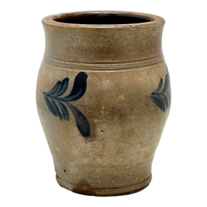 Rare Very Small 1/2 Gallon Size Antique Early 19th Century American Ovoid Style Blue Decoated Stoneware Food Storage Jar