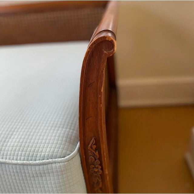 Vintage Upholstered Cane Settee For Sale - Image 4 of 9