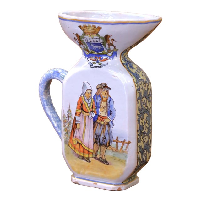 19th C. French Porquier-Beau Quimper Pitcher Vase With Coat of Arms & Bretons For Sale
