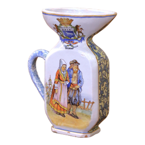 19th C. French Porquier-Beau Quimper Pitcher Vase With Coat of Arms & Bretons