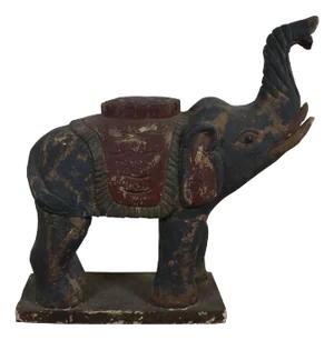 Antique Carved Wood Indian Elephant Lucky Raised Trunk Statue Sculpture