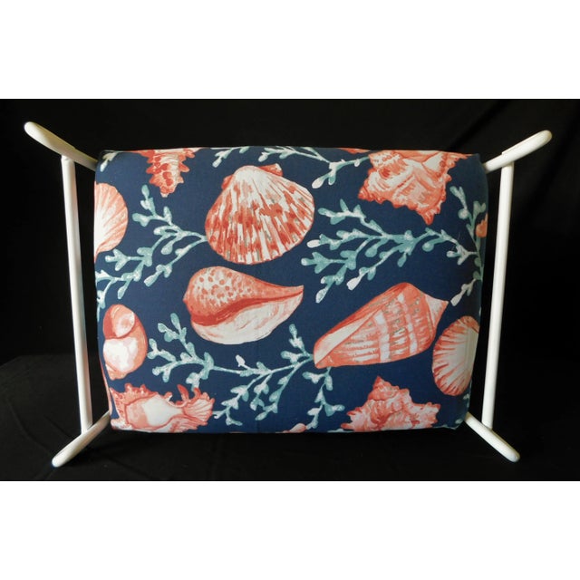 Vintage Mid Century White Iron Blue Coral Upholstered Vanity Stool Bench For Sale - Image 10 of 13