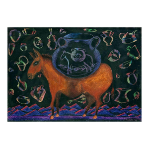 Michael LuceroColored Drawing with Ceramics and Horse Pop Folk Art 1980s, 1980