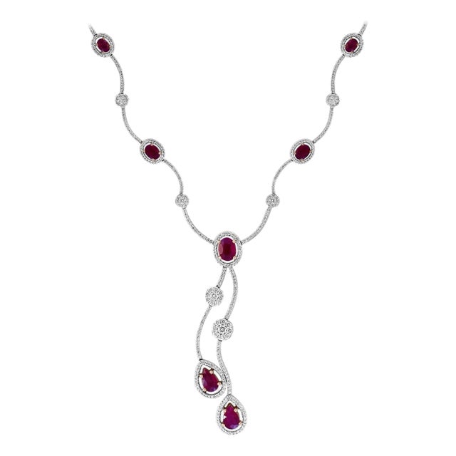 AGI Certified Natural Burma Ruby and Diamond Necklace 18 Karat White Gold For Sale