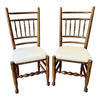 English Traditional Spindle Back Oak Side Chairs - Set of 2 For Sale