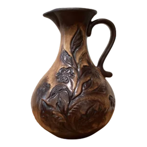Vintage Folk Art Ceramic Terracotta Engraved With Decorative Flowers Pitcher/Jug