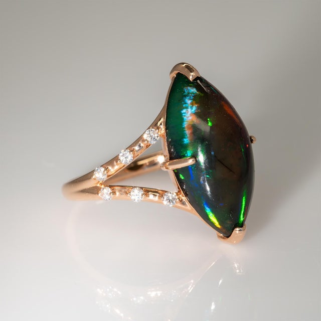 4.1Ct Black Opal Ring With Earth Mined Diamonds Accents: Solid 14k Gold, Size 6.75 For Sale In Columbus - Image 6 of 8
