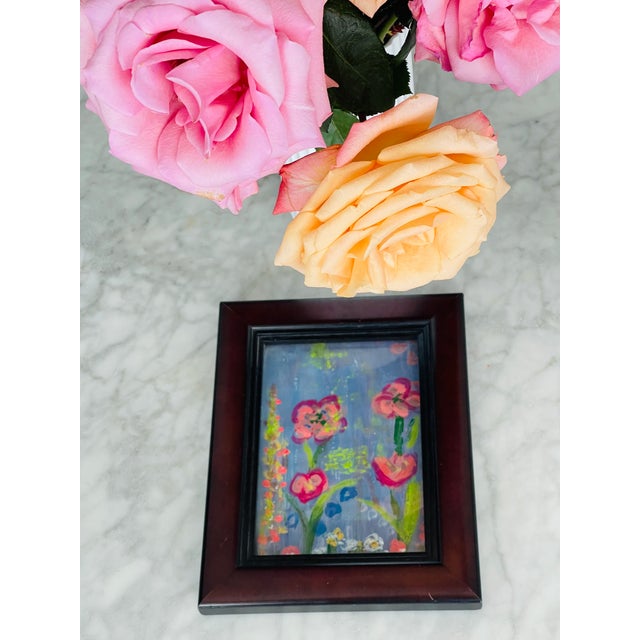 Mini abstract acrylic on paper painting from the Hedgehog Garden series by Elia, framed Nader glass.
