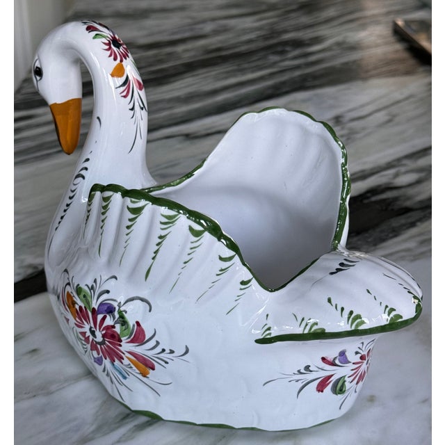 Vintage Made in Portugal Hand Painted Swan Cachepot For Sale - Image 10 of 12