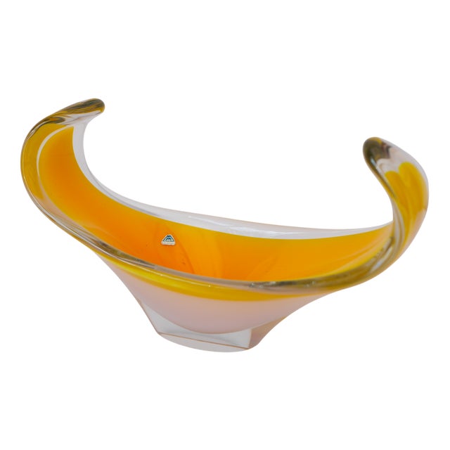 Mid-Century Modern Scandinavian Glass Art Coquille Bowl in Bright Yellow by Peter Leek for Nybro For Sale