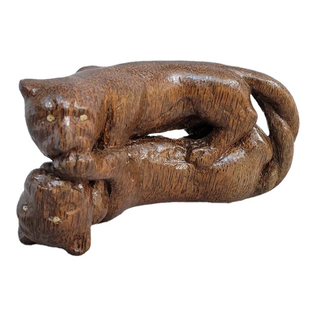 Antique Asian Hand-Carved Hardwood Panthers Sculpture, C. 1900–1930 For Sale