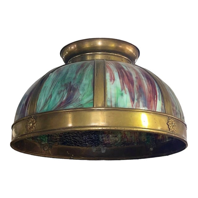 Vintage Arts and Crafts Style Slag Glass Hanging Lamp For Sale