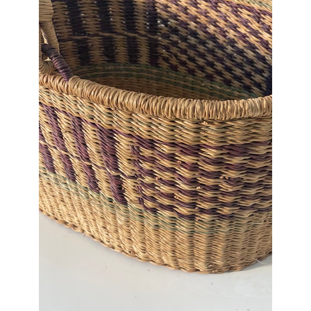Antique French country handwoven two colours market basket with double handles.
