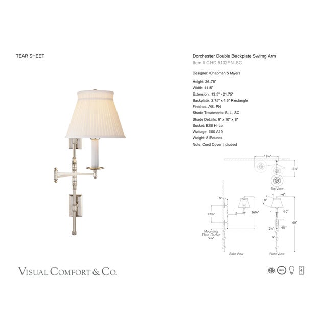 Transitional Chapman & Myers for Visual Comfort Signature Dorchester Double Backplate Swing Arm in Polished Nickel with Silk Crown Shade For Sale - Image 3 of 4