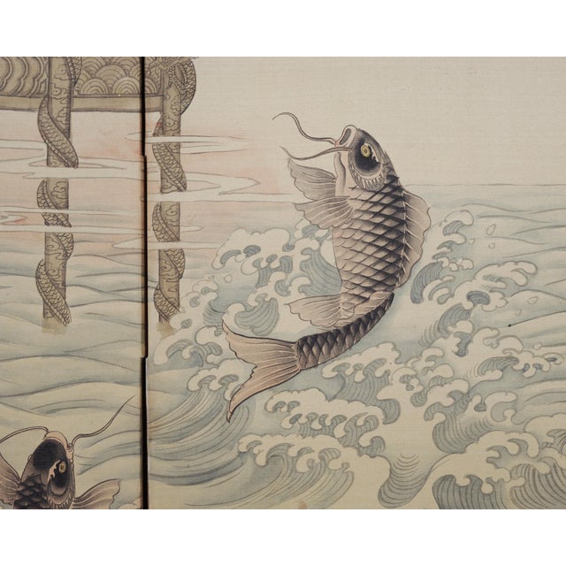 Mid 20th Century Asian Showa Four Panel Screen Jumping Koi at the Dragon Gate For Sale - Image 5 of 18