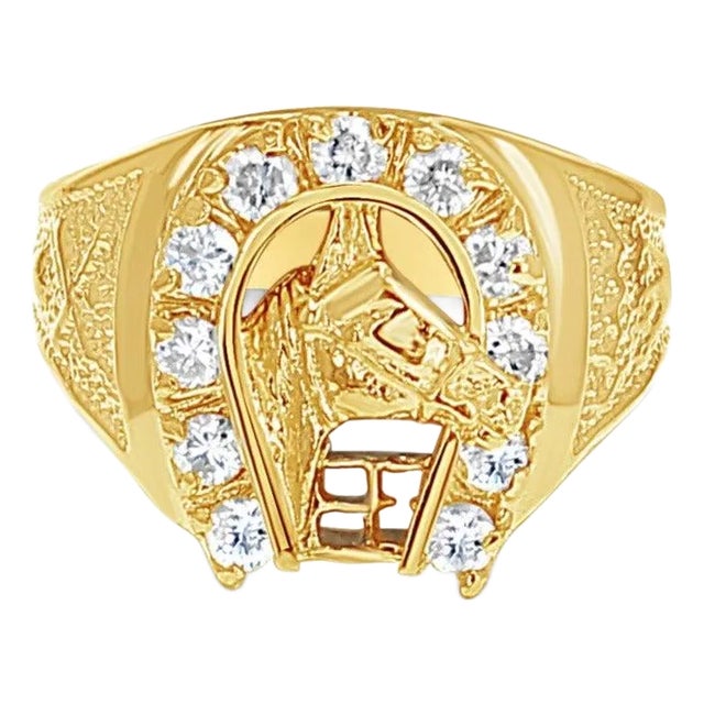 Diamond Horseshoe with Horse Head Ring 14k Yellow Gold, Size 9 For Sale