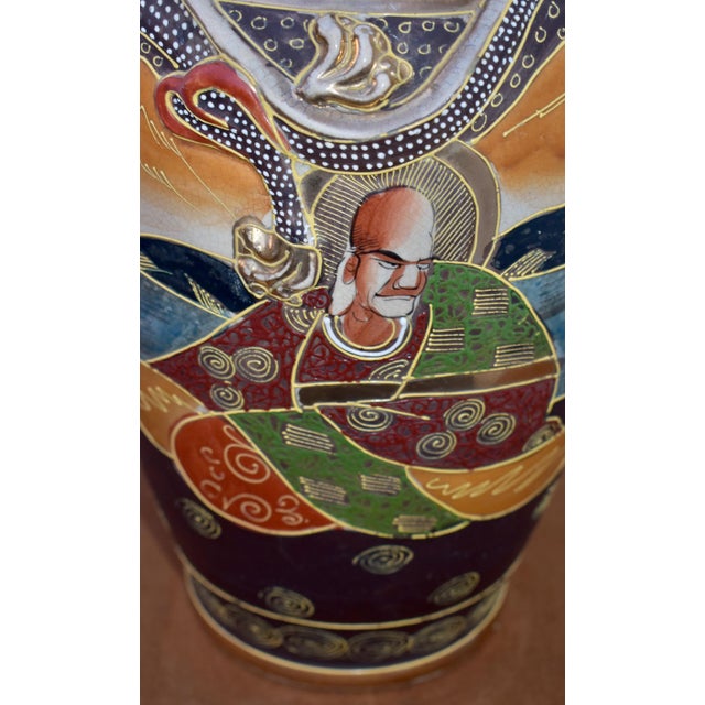 Ceramic Vintage Japanese Satsuma Moriage Vase Kannon Goddess & Rakan Dragon For Sale - Image 7 of 14