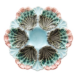 Antique French Fives Lille Majolica Turquoise Oyster Plate For Sale