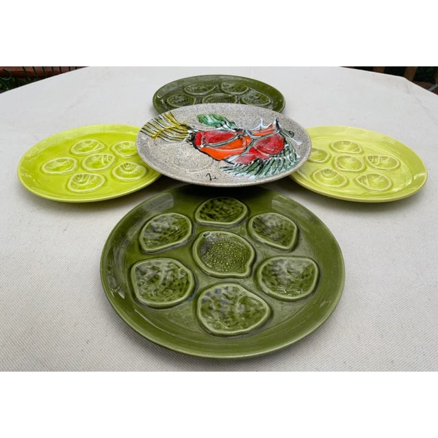 Green French Porcelain Oyster Plates, Set of 5, Midcentury Artist Signed For Sale - Image 8 of 11