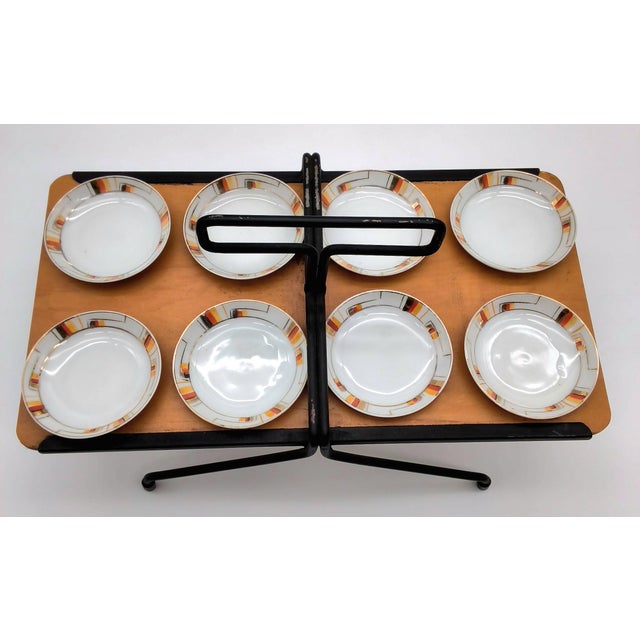 Mid-Century Modern Rare Set of MCM Serving Plates and Wood Carry Holder Set of 9 For Sale - Image 3 of 12
