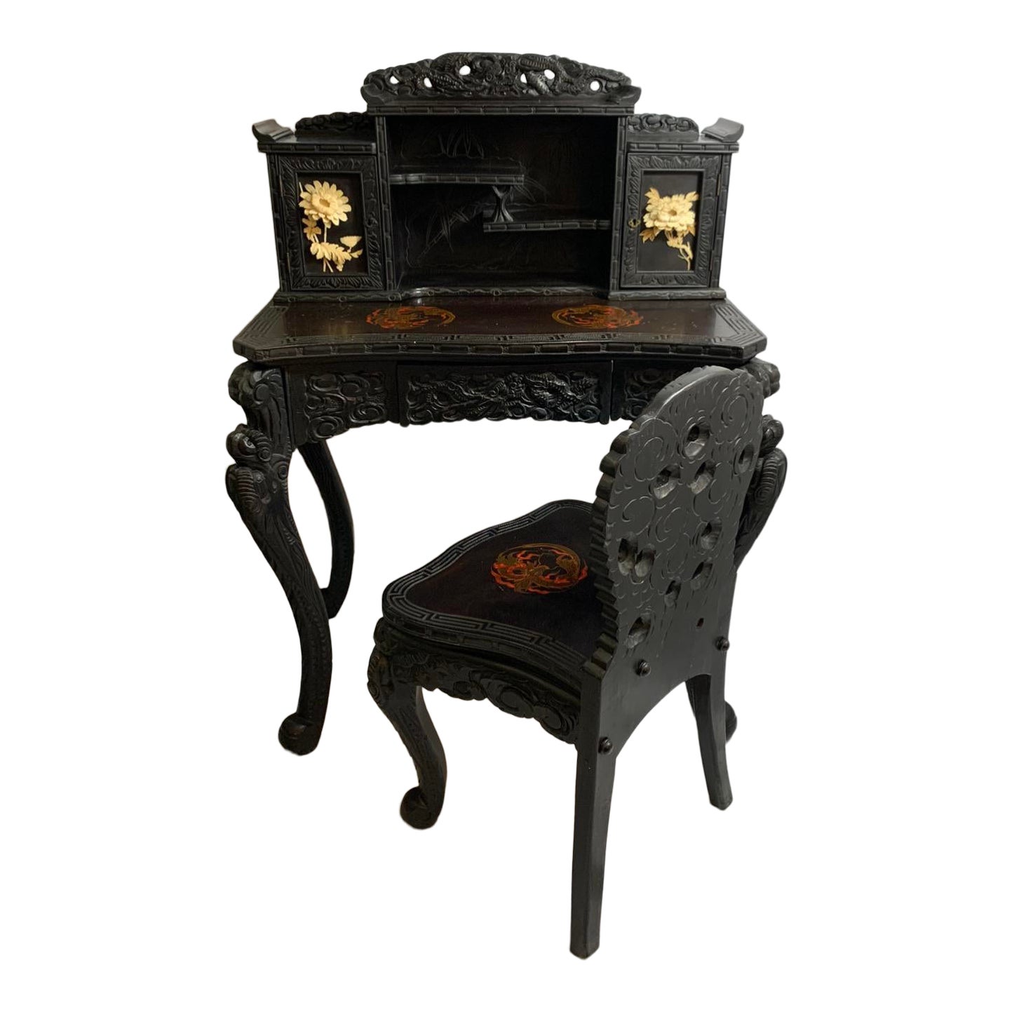 Antique Japanese Wood Vanity Desk With Chair 2 Pieces Chairish