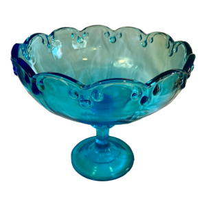 Vintage Aqua Blue Glass Compote With Scalloped Edge & Bubble Motif