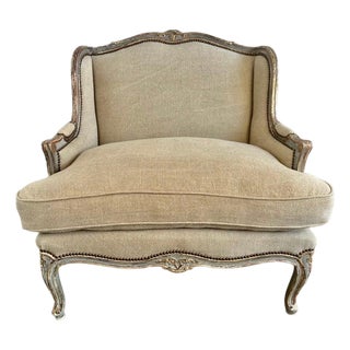French Louis XV Style Bergeres W/ Belgium Linen Upholstery For Sale