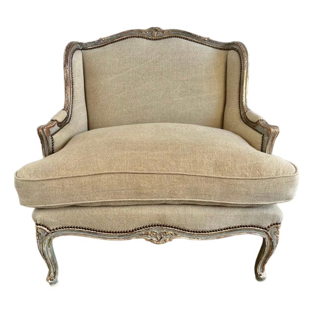 French Louis XV Style Bergeres W/ Belgium Linen Upholstery For Sale
