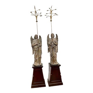 Early 20th Century 12' Polychromed Plaster Angel 14-Light Candelabra / Lamps on Pedestals - a Pair For Sale