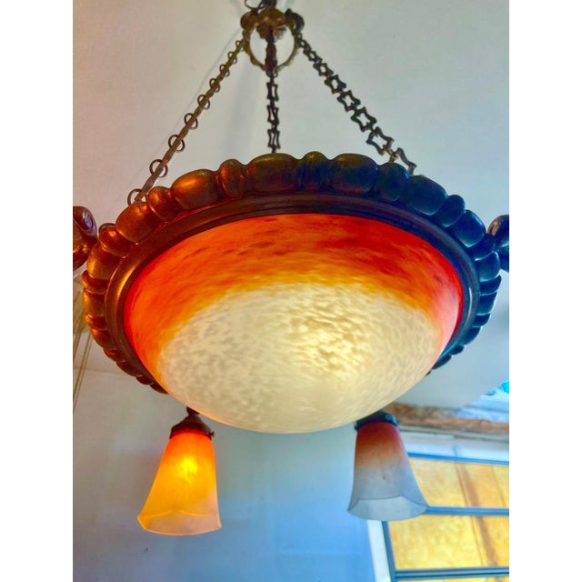 Antique French Art Nouveau Glass Chandelier by Schneider, 1915 For Sale - Image 3 of 8