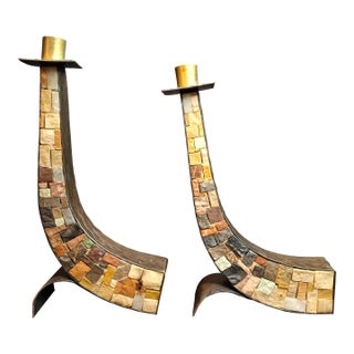 Vintage Mid-Century Eilon Mosaics Hand-Hammered Copper & Holy Land Stone Shofar Candlesticks For Sale