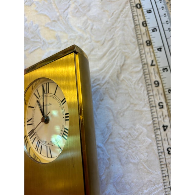 Brass Vintage Tiffany & Co. Swiss Brass Quartz Desk Alarm Clock, Roman Numeral Dial, 1970s For Sale - Image 8 of 12