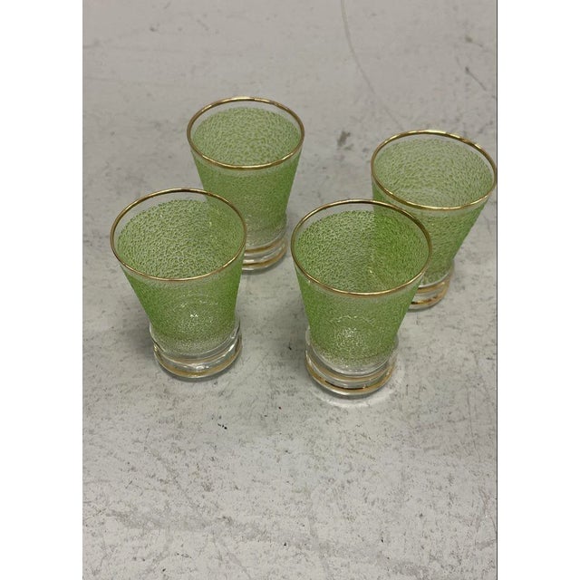 Mid-Century Modern Mid-Century Green Frosted Glass & Gold Gilt Decanter With 4 Cordial Glasses, 5-Piece Set For Sale - Image 3 of 5