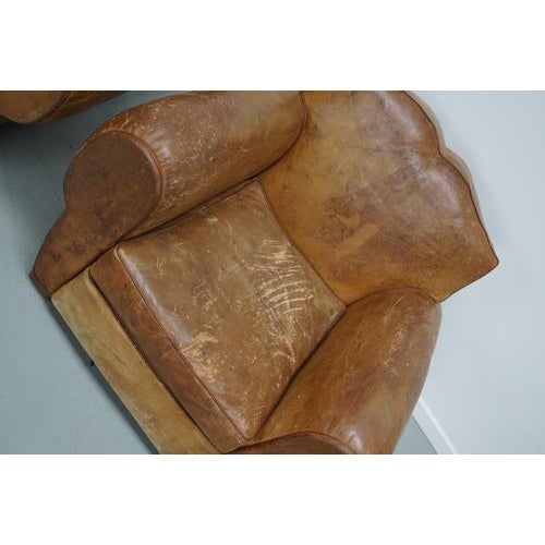 French Cognac Moustache Back Leather Club Chairs, 1940s, Set of 2 For Sale - Image 5 of 18