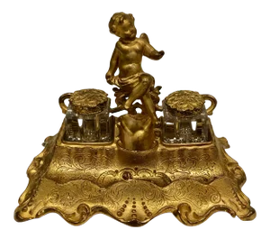 Antique Bronze French Double Inkwell With Cherub