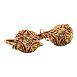 Gold Cufflinks with Roses and Enamel Decoration, Set of 2 For Sale
