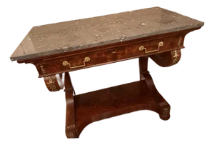 Console Large French Empire (C1800-1830) Grey Marble Top With Light Veining - Magohany Veneer Wood Gilt Bronze