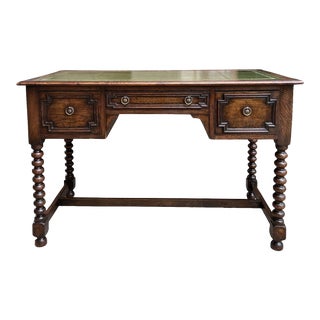 Antique English Writing Desk Table Jacobean Carved Oak Green Leather Bobbin Leg For Sale