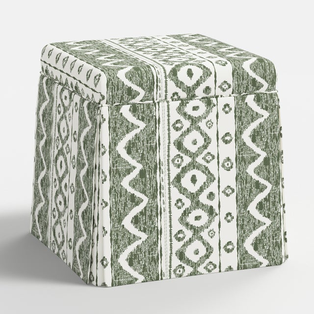 Not Yet Made - Made To Order Dyer Skirted Storage Ottoman in Linny Ikat Sage For Sale - Image 5 of 5