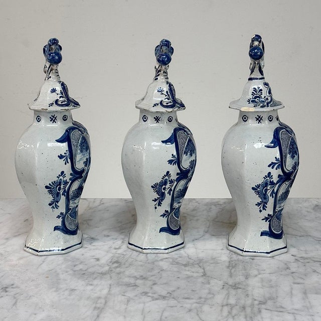 Asian Antique Set of Five 18th Century Dutch Delft Biblical-Themed Garniture Vases For Sale - Image 3 of 18