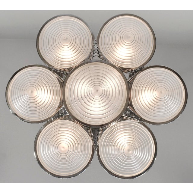 1930s Georges Leleu French Art Deco Chandelier 1930s - Nickeled Bronze 6-Light Stepped Cone For Sale - Image 5 of 17