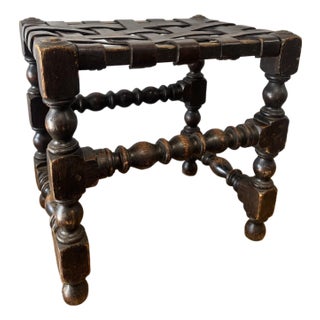Antique English Oak and Leather Stool For Sale