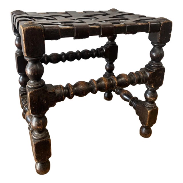 Antique English Oak and Leather Stool For Sale