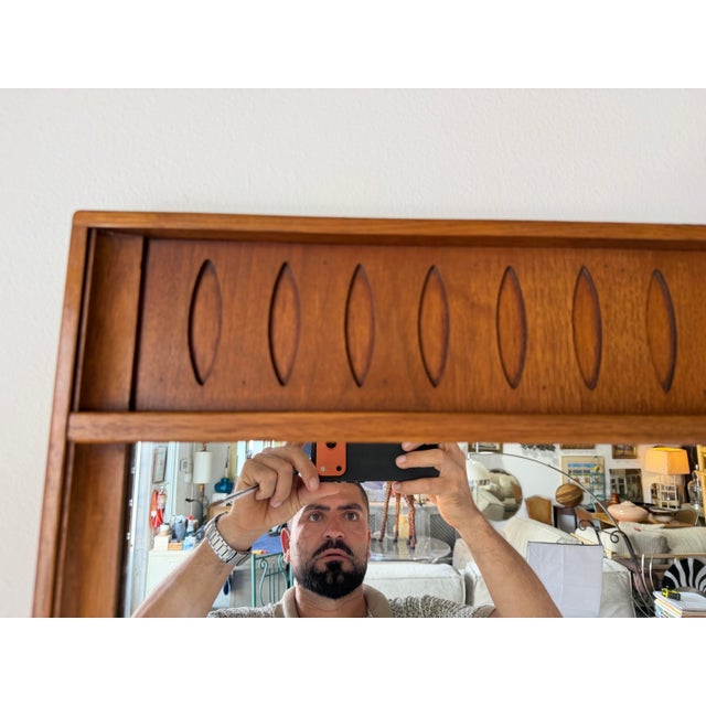 1970s Mid-Century Modern Walnut Wall Mirror With Carved Geometric Details For Sale - Image 11 of 13