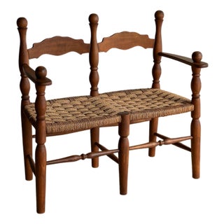 Vintage Sculptural Turned Wood Double Bench With Woven Rope Seat, C. 1950s For Sale