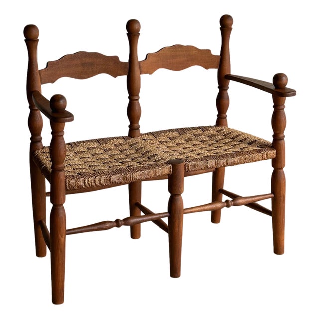 Vintage Sculptural Turned Wood Double Bench With Woven Rope Seat, C. 1950s For Sale